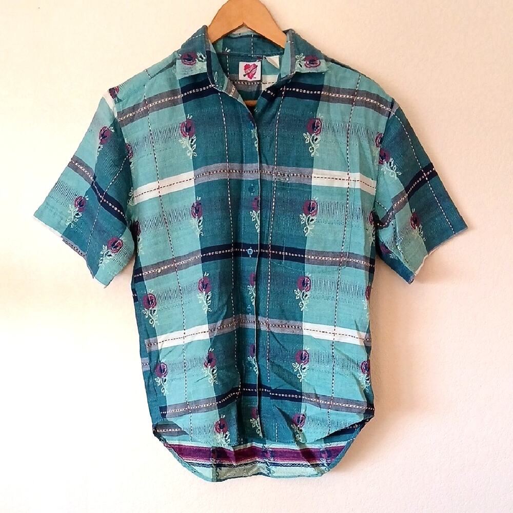 Vintage Keren Hart Teal Short Sleeve Plaid Top With Roses